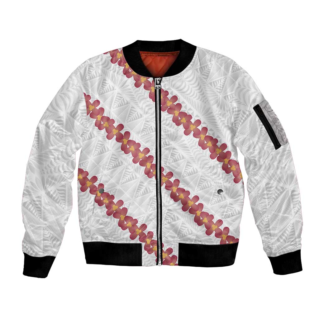 White Sunday Tonga Fakame Sleeve Zip Bomber Jacket Tongan Ngatu Heilala Lei LT14 Unisex White - Polynesian Pride