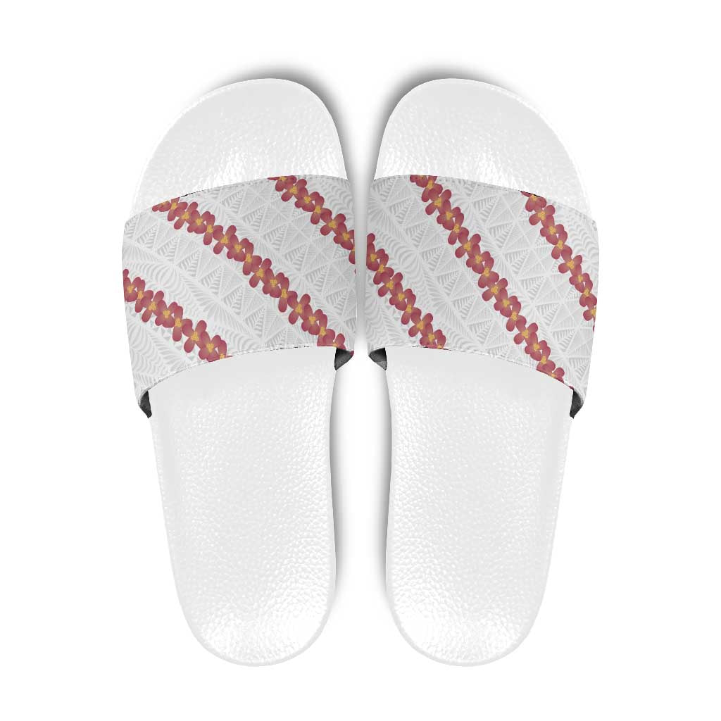 White Sunday Tonga Fakame Slide Sandals Tongan Ngatu Heilala Lei LT14 White - Polynesian Pride