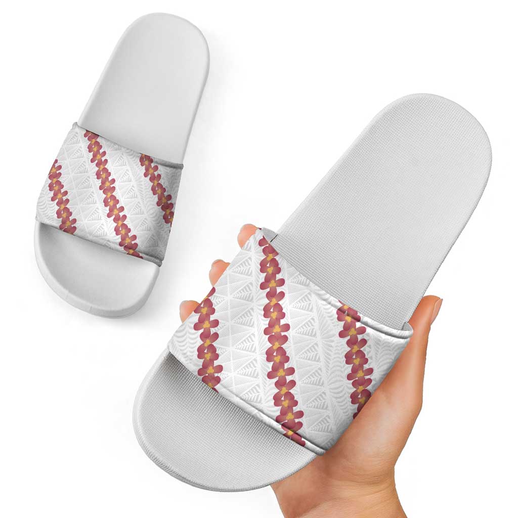 White Sunday Tonga Fakame Slide Sandals Tongan Ngatu Heilala Lei LT14 - Polynesian Pride