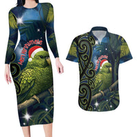 New Zealand Christmas Couples Matching Long Sleeve Bodycon Dress and Hawaiian Shirt Cute Kakapo Meri Kirihimete Maori Koru LT14 Blue - Polynesian Pride