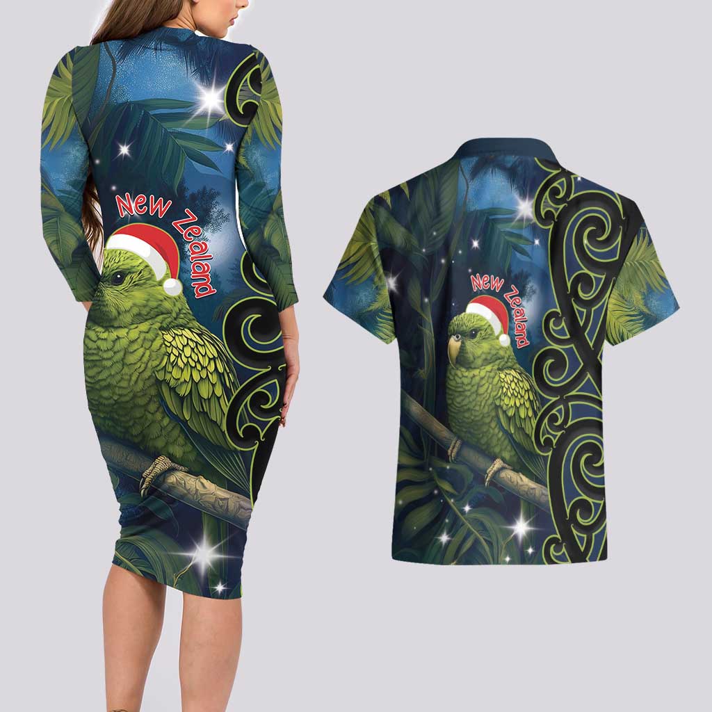 New Zealand Christmas Couples Matching Long Sleeve Bodycon Dress and Hawaiian Shirt Cute Kakapo Meri Kirihimete Maori Koru LT14 - Polynesian Pride