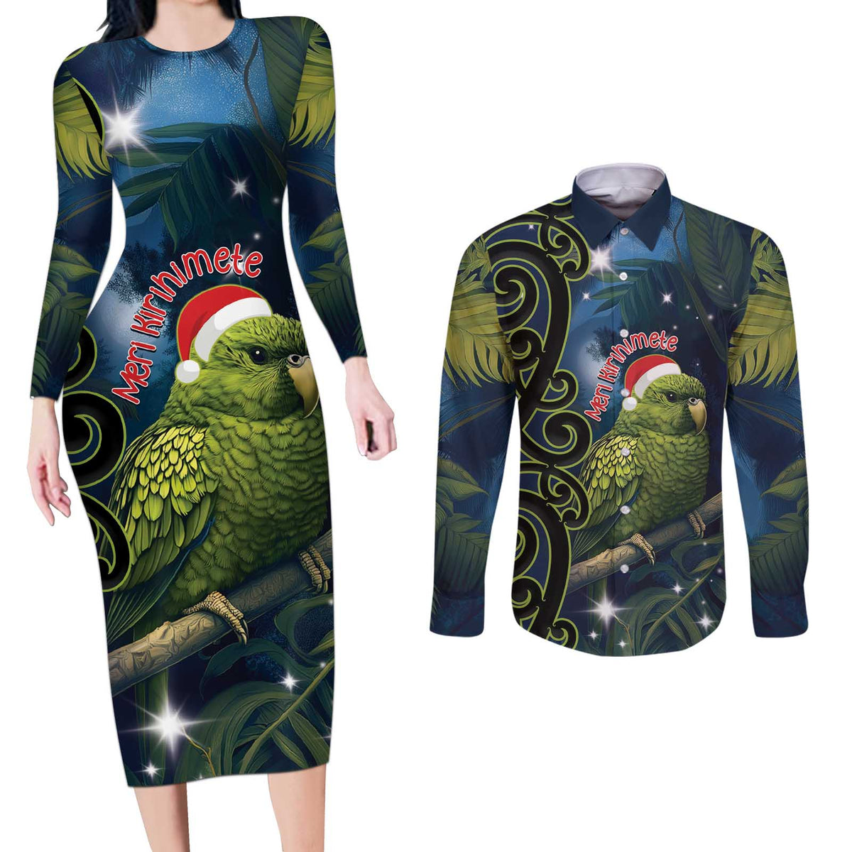 New Zealand Christmas Couples Matching Long Sleeve Bodycon Dress and Long Sleeve Button Shirt Cute Kakapo Meri Kirihimete Maori Koru LT14 Blue - Polynesian Pride