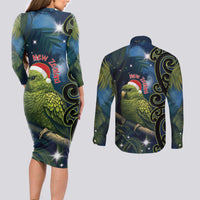 New Zealand Christmas Couples Matching Long Sleeve Bodycon Dress and Long Sleeve Button Shirt Cute Kakapo Meri Kirihimete Maori Koru LT14 - Polynesian Pride