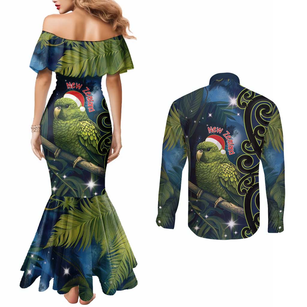 New Zealand Christmas Couples Matching Mermaid Dress and Long Sleeve Button Shirt Cute Kakapo Meri Kirihimete Maori Koru LT14 - Polynesian Pride