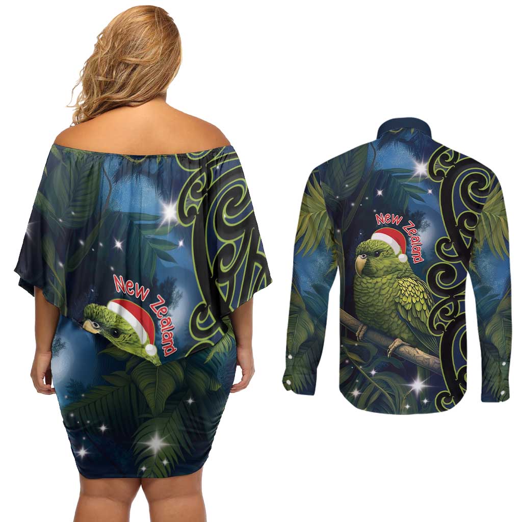 New Zealand Christmas Couples Matching Off Shoulder Short Dress and Long Sleeve Button Shirt Cute Kakapo Meri Kirihimete Maori Koru LT14 - Polynesian Pride