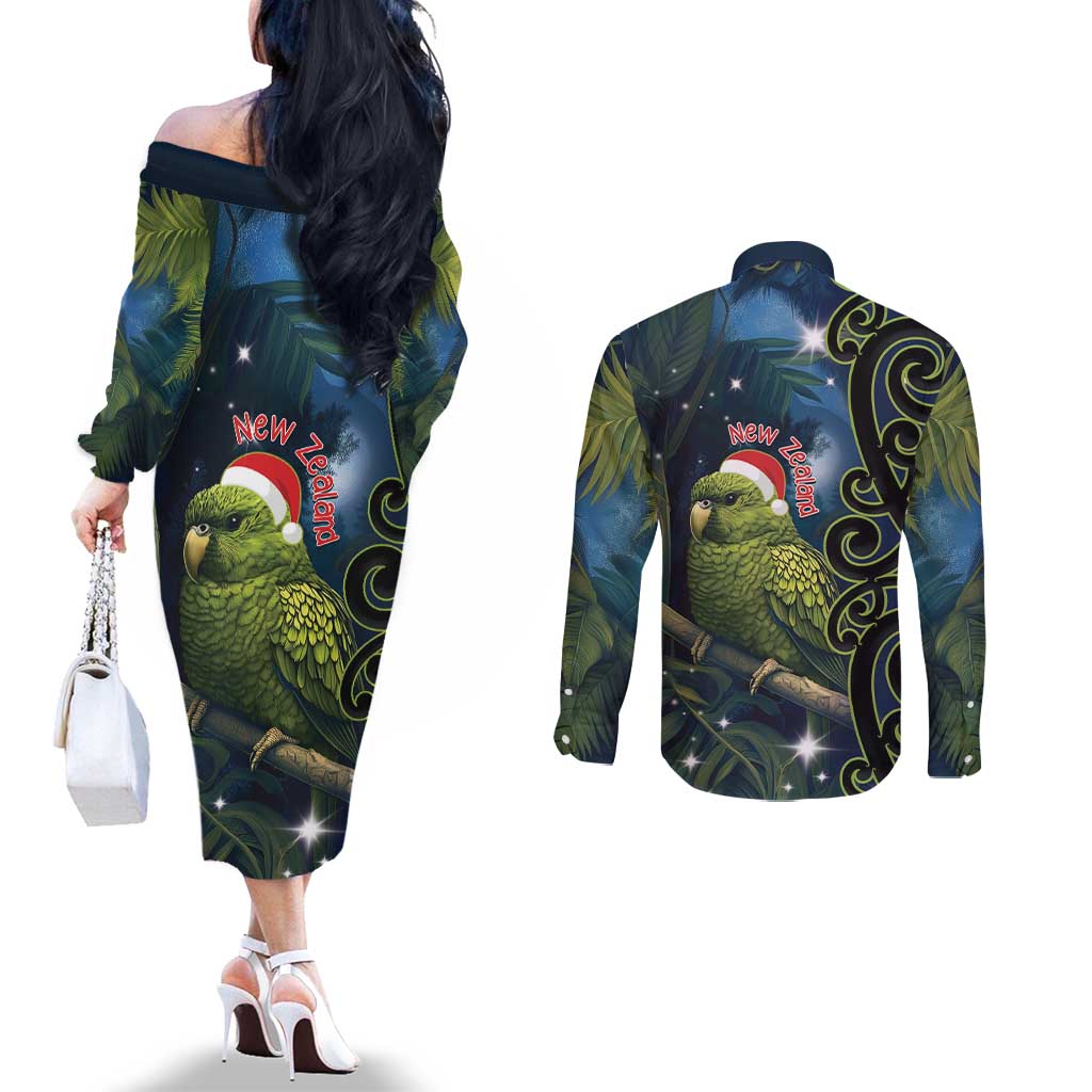 New Zealand Christmas Couples Matching Off The Shoulder Long Sleeve Dress and Long Sleeve Button Shirt Cute Kakapo Meri Kirihimete Maori Koru LT14 - Polynesian Pride