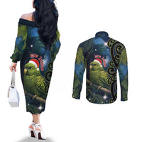 New Zealand Christmas Couples Matching Off The Shoulder Long Sleeve Dress and Long Sleeve Button Shirt Cute Kakapo Meri Kirihimete Maori Koru LT14 - Polynesian Pride