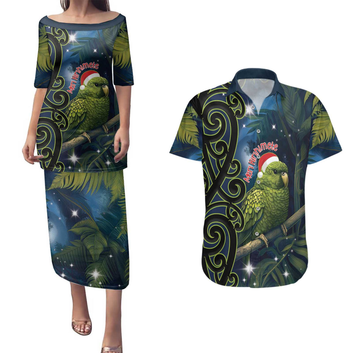 New Zealand Christmas Couples Matching Puletasi and Hawaiian Shirt Cute Kakapo Meri Kirihimete Maori Koru LT14 Blue - Polynesian Pride