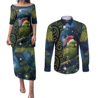 New Zealand Christmas Couples Matching Puletasi and Long Sleeve Button Shirt Cute Kakapo Meri Kirihimete Maori Koru LT14 Blue - Polynesian Pride
