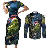 New Zealand Christmas Couples Matching Short Sleeve Bodycon Dress and Long Sleeve Button Shirt Cute Kakapo Meri Kirihimete Maori Koru LT14 Blue - Polynesian Pride
