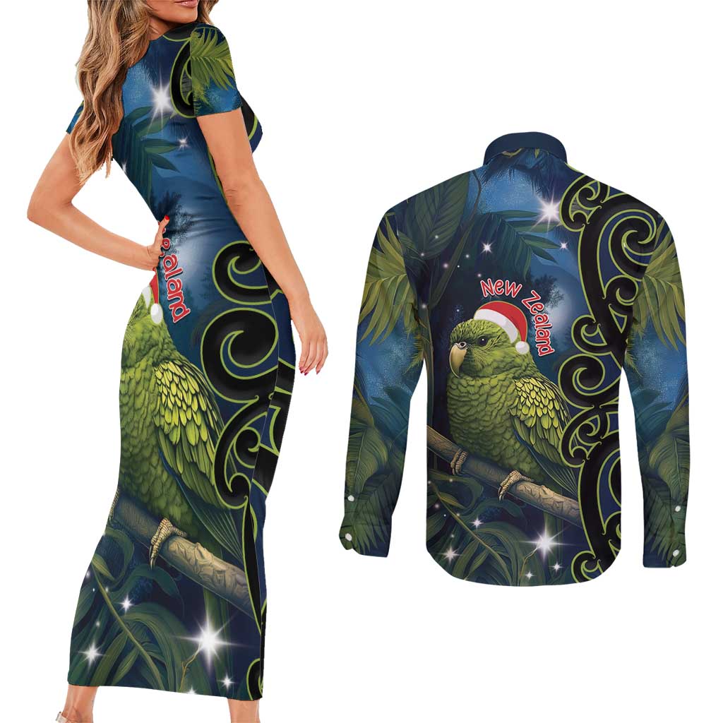 New Zealand Christmas Couples Matching Short Sleeve Bodycon Dress and Long Sleeve Button Shirt Cute Kakapo Meri Kirihimete Maori Koru LT14 - Polynesian Pride