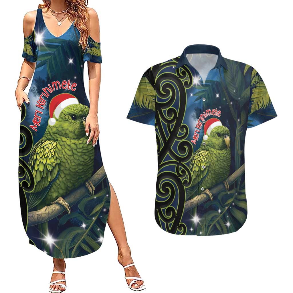 New Zealand Christmas Couples Matching Summer Maxi Dress and Hawaiian Shirt Cute Kakapo Meri Kirihimete Maori Koru LT14 Blue - Polynesian Pride
