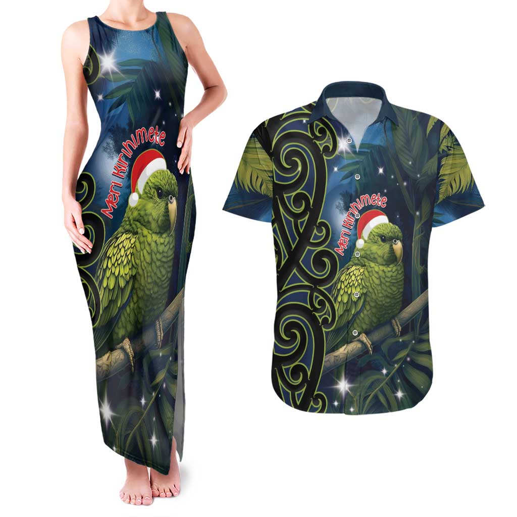 New Zealand Christmas Couples Matching Tank Maxi Dress and Hawaiian Shirt Cute Kakapo Meri Kirihimete Maori Koru LT14 Blue - Polynesian Pride