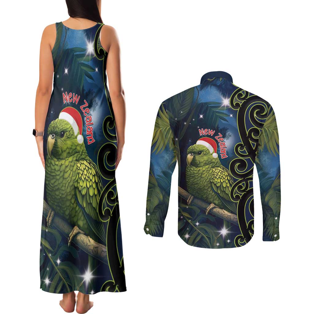 New Zealand Christmas Couples Matching Tank Maxi Dress and Long Sleeve Button Shirt Cute Kakapo Meri Kirihimete Maori Koru LT14 - Polynesian Pride