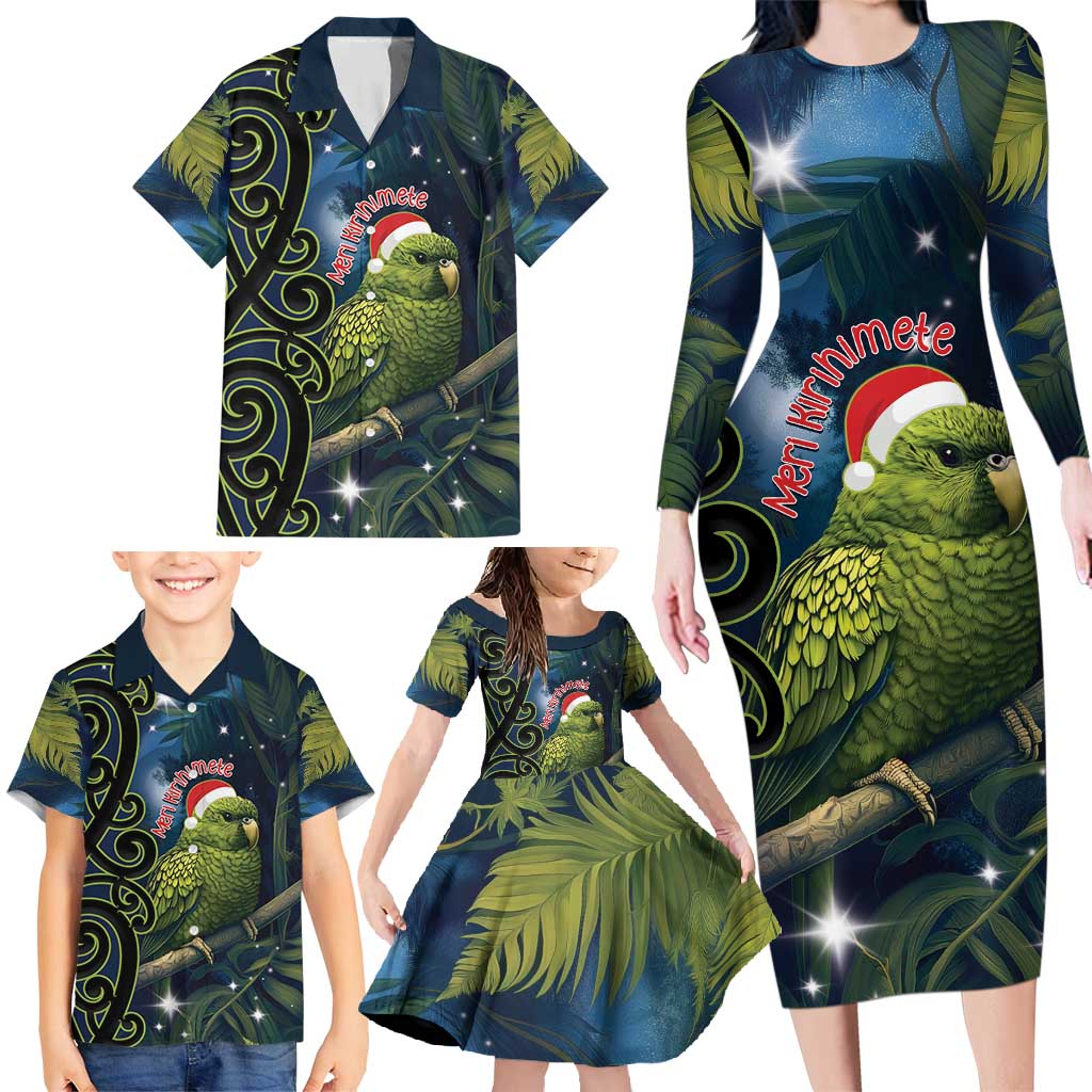 New Zealand Christmas Family Matching Long Sleeve Bodycon Dress and Hawaiian Shirt Cute Kakapo Meri Kirihimete Maori Koru LT14 - Polynesian Pride