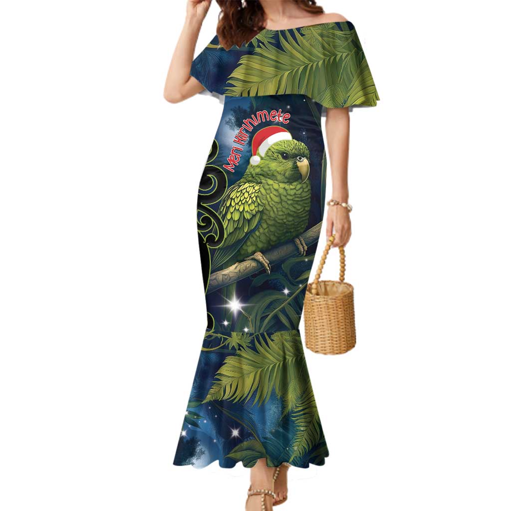 New Zealand Christmas Family Matching Mermaid Dress and Hawaiian Shirt Cute Kakapo Meri Kirihimete Maori Koru LT14 Mom's Dress Blue - Polynesian Pride