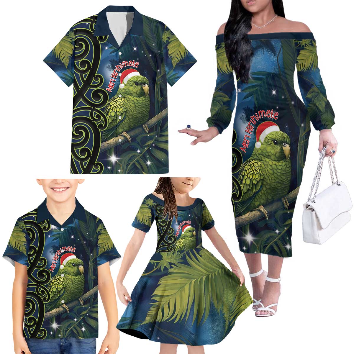 New Zealand Christmas Family Matching Off The Shoulder Long Sleeve Dress and Hawaiian Shirt Cute Kakapo Meri Kirihimete Maori Koru LT14 - Polynesian Pride