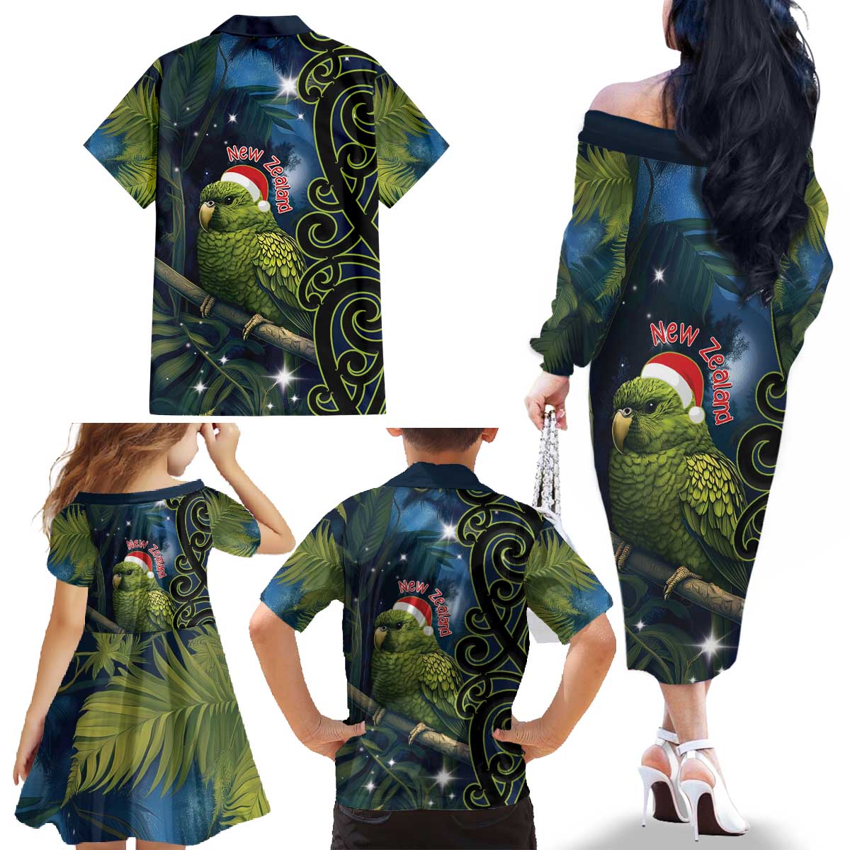 New Zealand Christmas Family Matching Off The Shoulder Long Sleeve Dress and Hawaiian Shirt Cute Kakapo Meri Kirihimete Maori Koru LT14 - Polynesian Pride