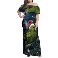 New Zealand Christmas Family Matching Off Shoulder Maxi Dress and Hawaiian Shirt Cute Kakapo Meri Kirihimete Maori Koru LT14 Mom's Dress Blue - Polynesian Pride