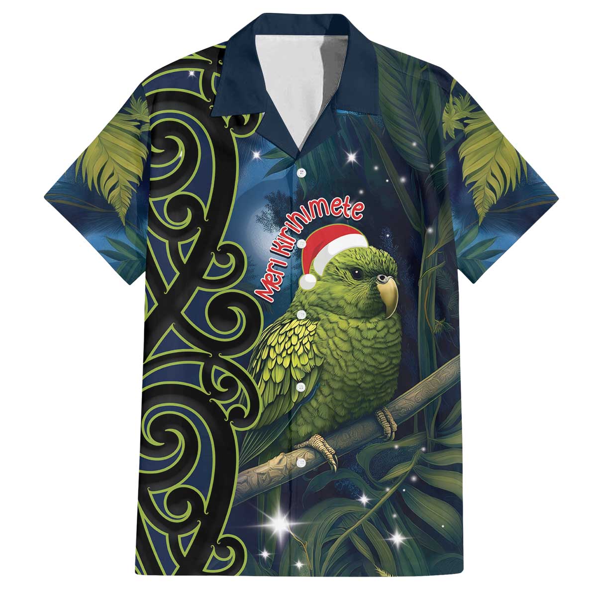 New Zealand Christmas Family Matching Off Shoulder Short Dress and Hawaiian Shirt Cute Kakapo Meri Kirihimete Maori Koru LT14 Dad's Shirt - Short Sleeve Blue - Polynesian Pride