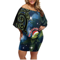 New Zealand Christmas Family Matching Off Shoulder Short Dress and Hawaiian Shirt Cute Kakapo Meri Kirihimete Maori Koru LT14 Mom's Dress Blue - Polynesian Pride