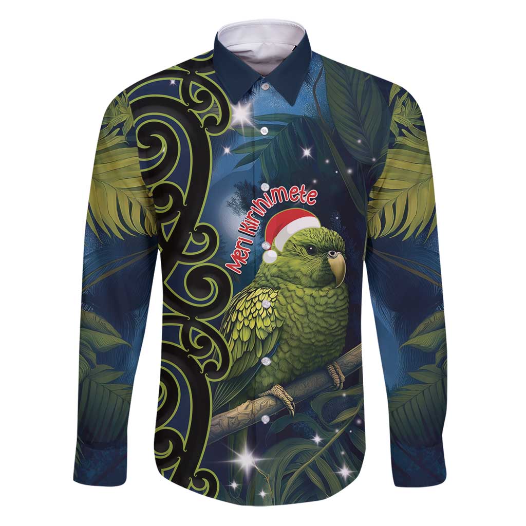 New Zealand Christmas Family Matching Puletasi and Hawaiian Shirt Cute Kakapo Meri Kirihimete Maori Koru LT14 Dad's Shirt - Long Sleeve Blue - Polynesian Pride