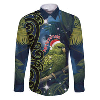 New Zealand Christmas Family Matching Puletasi and Hawaiian Shirt Cute Kakapo Meri Kirihimete Maori Koru LT14 Dad's Shirt - Long Sleeve Blue - Polynesian Pride