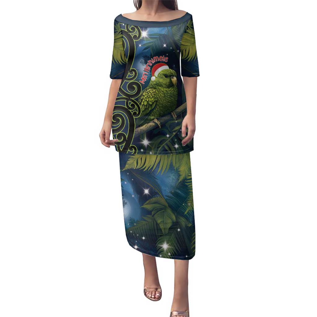 New Zealand Christmas Family Matching Puletasi and Hawaiian Shirt Cute Kakapo Meri Kirihimete Maori Koru LT14 Mom's Dress Blue - Polynesian Pride
