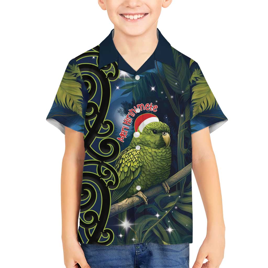 New Zealand Christmas Family Matching Puletasi and Hawaiian Shirt Cute Kakapo Meri Kirihimete Maori Koru LT14 Son's Shirt Blue - Polynesian Pride