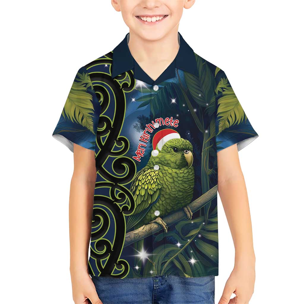 New Zealand Christmas Family Matching Short Sleeve Bodycon Dress and Hawaiian Shirt Cute Kakapo Meri Kirihimete Maori Koru LT14 Son's Shirt Blue - Polynesian Pride