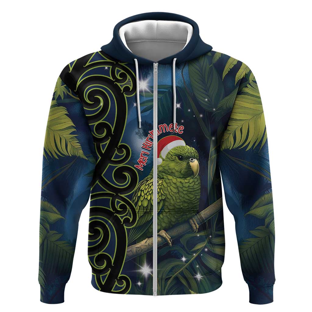 New Zealand Christmas Hoodie Cute Kakapo Meri Kirihimete Maori Koru LT14 Zip Hoodie Blue - Polynesian Pride
