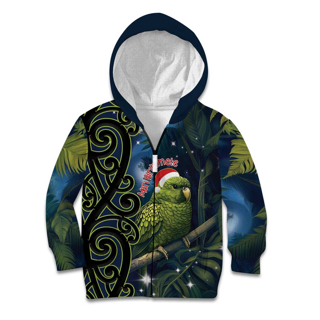 New Zealand Christmas Kid Hoodie Cute Kakapo Meri Kirihimete Maori Koru LT14 Zip Hoodie Blue - Polynesian Pride