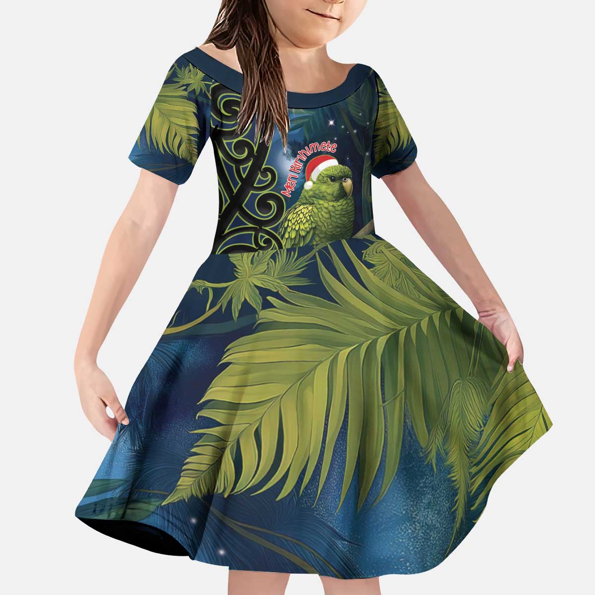 New Zealand Christmas Kid Short Sleeve Dress Cute Kakapo Meri Kirihimete Maori Koru LT14 KID Blue - Polynesian Pride