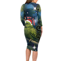 New Zealand Christmas Long Sleeve Bodycon Dress Cute Kakapo Meri Kirihimete Maori Koru LT14 - Polynesian Pride