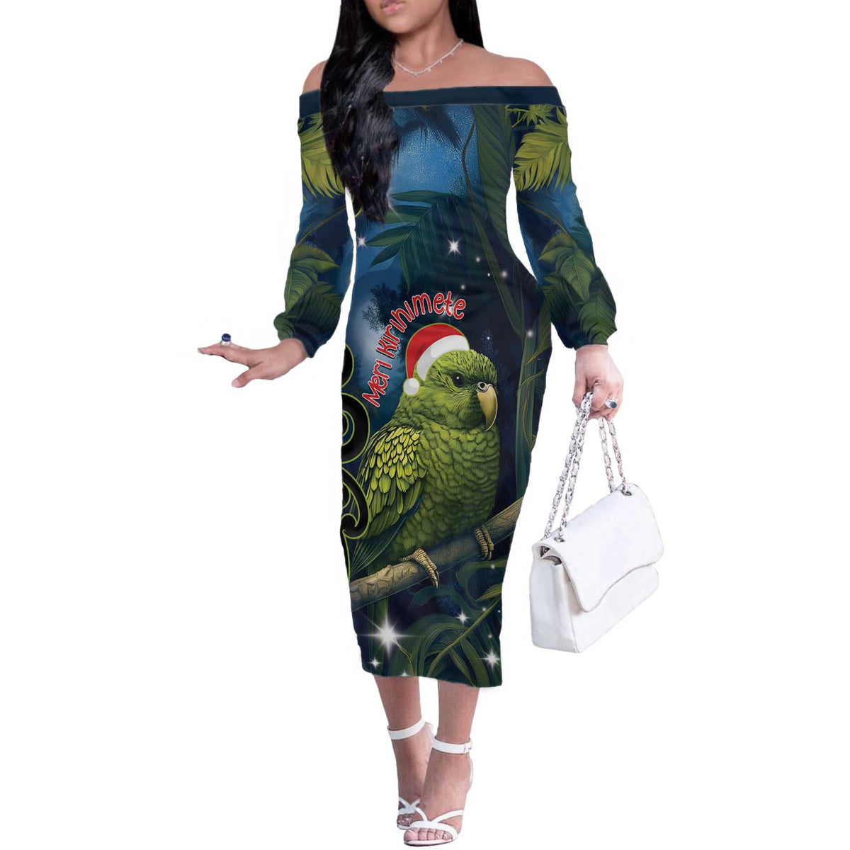 New Zealand Christmas Off The Shoulder Long Sleeve Dress Cute Kakapo Meri Kirihimete Maori Koru LT14 Women Blue - Polynesian Pride