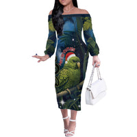 New Zealand Christmas Off The Shoulder Long Sleeve Dress Cute Kakapo Meri Kirihimete Maori Koru LT14 Women Blue - Polynesian Pride