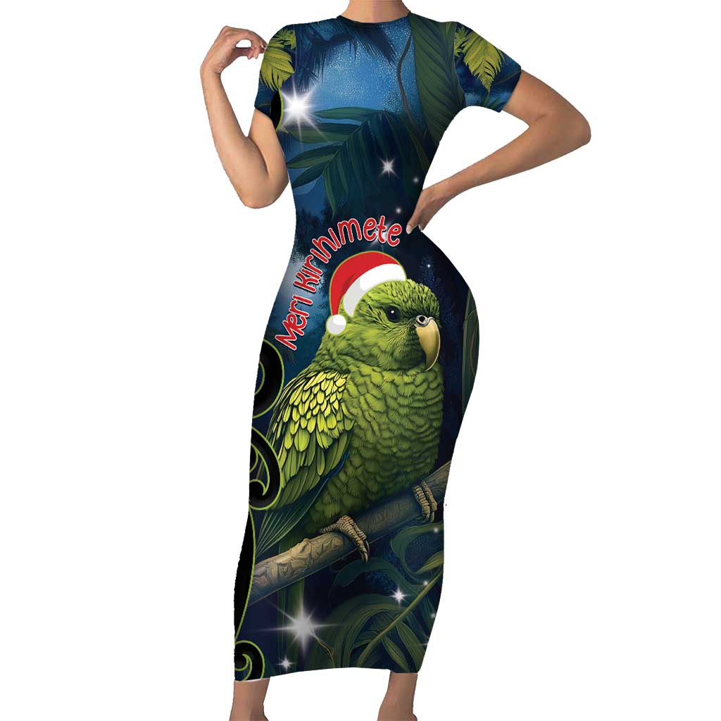 New Zealand Christmas Short Sleeve Bodycon Dress Cute Kakapo Meri Kirihimete Maori Koru LT14 Long Dress Blue - Polynesian Pride