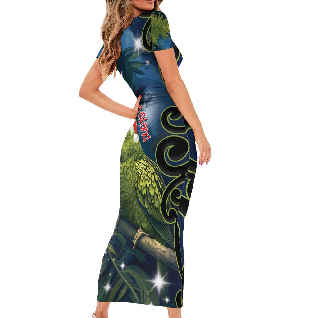 New Zealand Christmas Short Sleeve Bodycon Dress Cute Kakapo Meri Kirihimete Maori Koru LT14 - Polynesian Pride