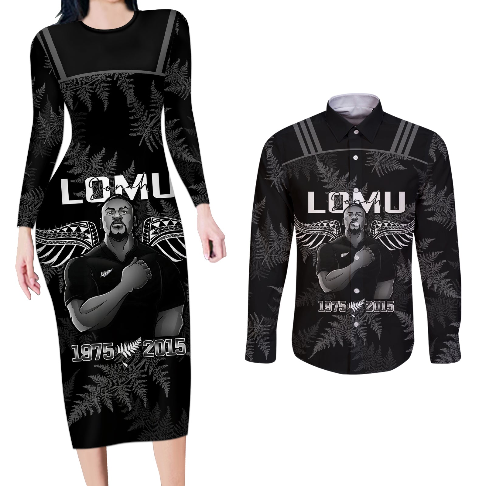 New Zealand Silver Fern Rugby Couples Matching Long Sleeve Bodycon Dress and Long Sleeve Button Shirt Aotearoa Godfather Proud Gone But Never Forgotten LT14 Black - Polynesian Pride