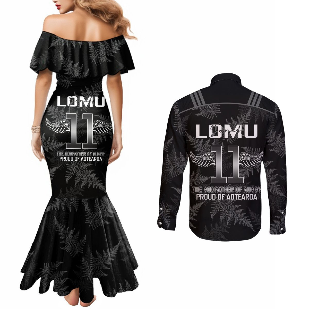 New Zealand Silver Fern Rugby Couples Matching Mermaid Dress and Long Sleeve Button Shirt Aotearoa Godfather Proud Gone But Never Forgotten LT14 - Polynesian Pride