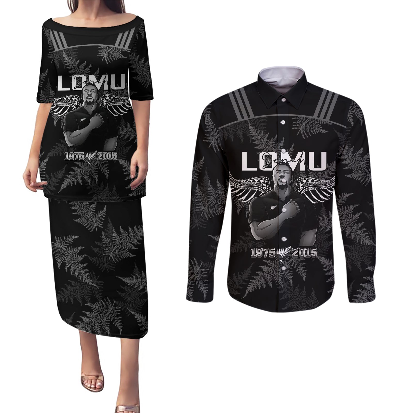 New Zealand Silver Fern Rugby Couples Matching Puletasi Dress and Long Sleeve Button Shirt Aotearoa Godfather Proud Gone But Never Forgotten LT14 Black - Polynesian Pride