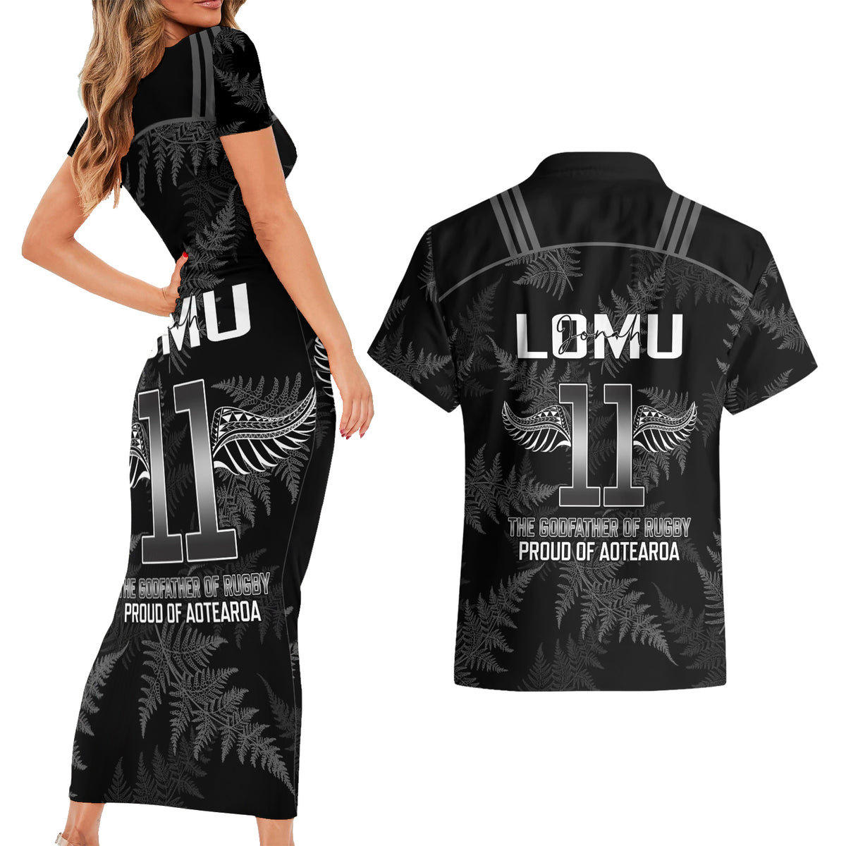 New Zealand Silver Fern Rugby Couples Matching Short Sleeve Bodycon Dress and Hawaiian Shirt Aotearoa Godfather Proud Gone But Never Forgotten LT14 - Polynesian Pride
