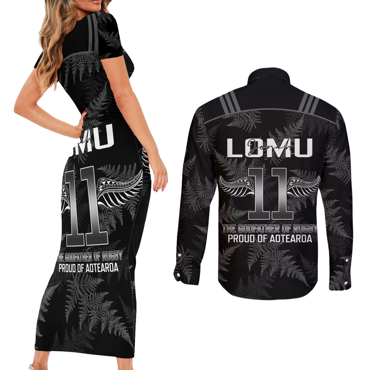 New Zealand Silver Fern Rugby Couples Matching Short Sleeve Bodycon Dress and Long Sleeve Button Shirt Aotearoa Godfather Proud Gone But Never Forgotten LT14 - Polynesian Pride
