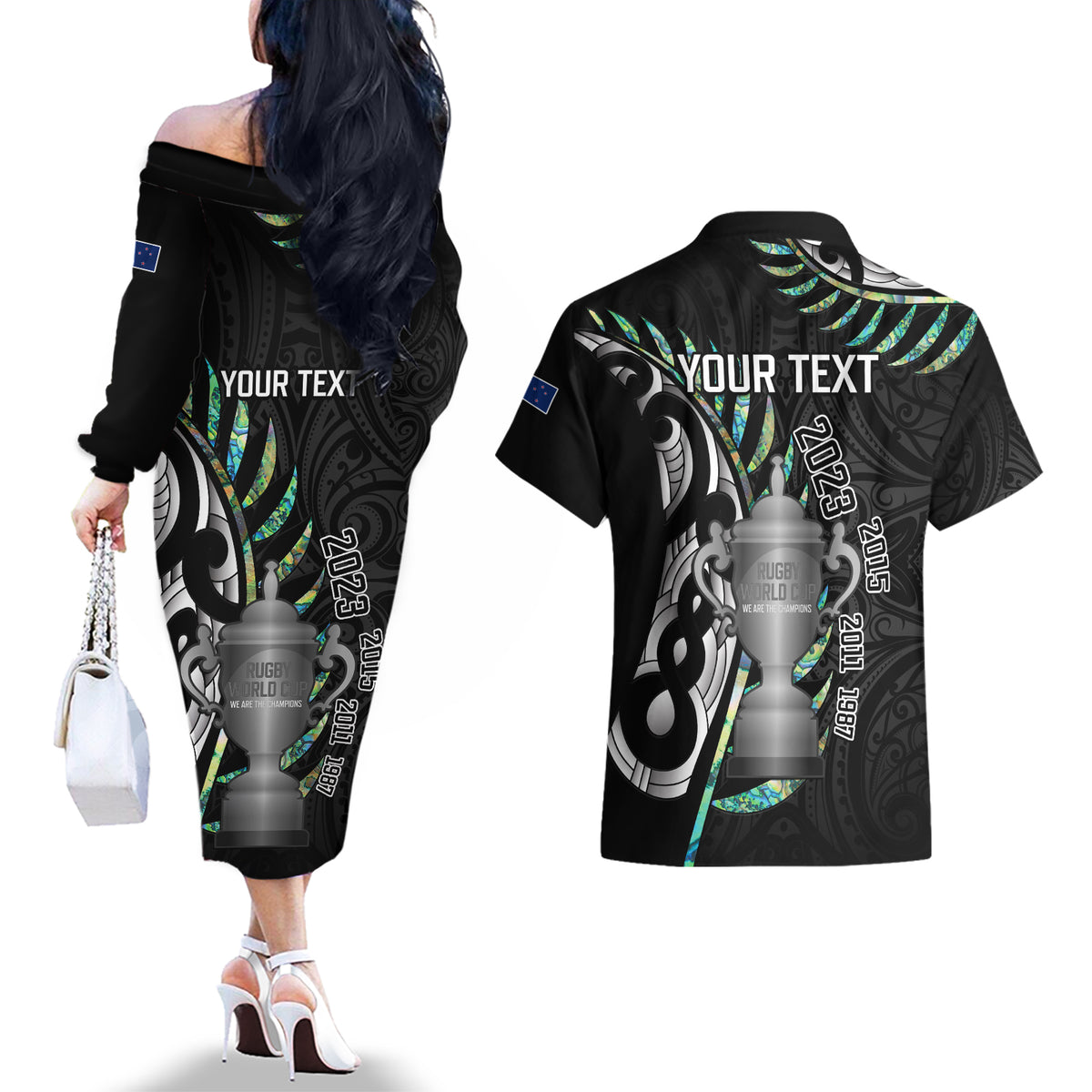 Personalised New Zealand Silver Fern Rugby Couples Matching Off The Shoulder Long Sleeve Dress and Hawaiian Shirt Paua Shell With Champions Trophy History NZ Forever LT14 - Polynesian Pride