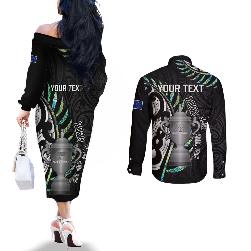 Personalised New Zealand Silver Fern Rugby Couples Matching Off The Shoulder Long Sleeve Dress and Long Sleeve Button Shirt Paua Shell With Champions Trophy History NZ Forever LT14 - Polynesian Pride
