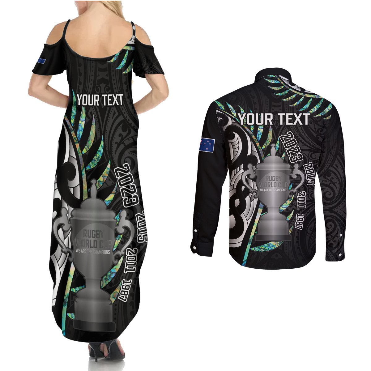 Personalised New Zealand Silver Fern Rugby Couples Matching Summer Maxi Dress and Long Sleeve Button Shirt Paua Shell With Champions Trophy History NZ Forever LT14 - Polynesian Pride