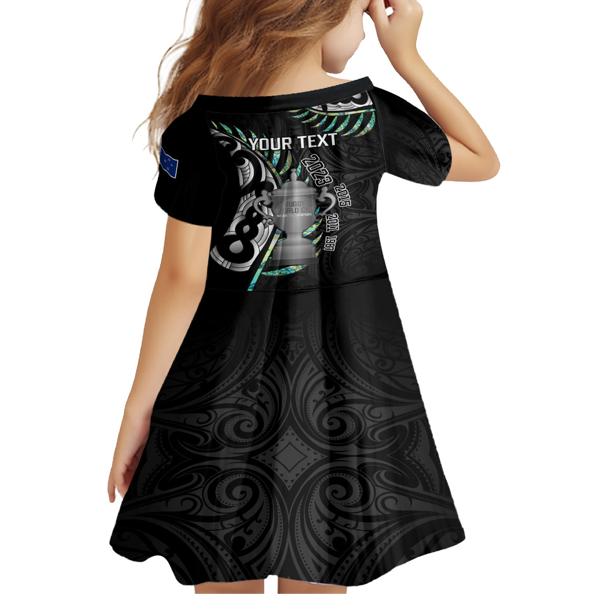 Personalised New Zealand Silver Fern Rugby Family Matching Off Shoulder Long Sleeve Dress and Hawaiian Shirt Paua Shell With Champions Trophy History NZ Forever LT14 - Polynesian Pride
