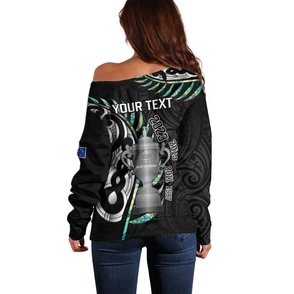 Personalised New Zealand Silver Fern Rugby Off Shoulder Sweater Paua Shell With Champions Trophy History NZ Forever LT14 - Polynesian Pride