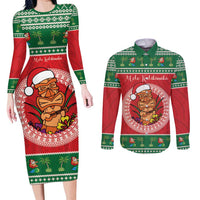 Personalized Hawaii Christmas Couples Matching Long Sleeve Bodycon Dress and Long Sleeve Button Shirt Tiki Santa Mele Kalikimaka LT14 Red - Polynesian Pride