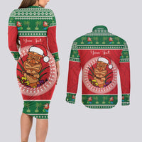 Personalized Hawaii Christmas Couples Matching Long Sleeve Bodycon Dress and Long Sleeve Button Shirt Tiki Santa Mele Kalikimaka LT14 - Polynesian Pride